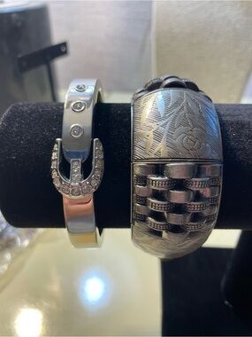 Crystal Buckle Silver-Tone Bangle & Etched Silver Bracelet Set